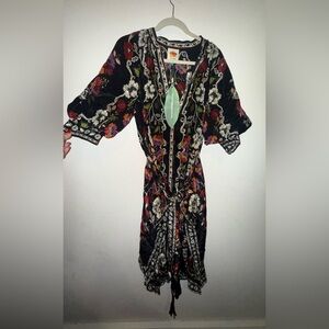 FARM Rio Black Rococo Flowers Belted Midi
Dress